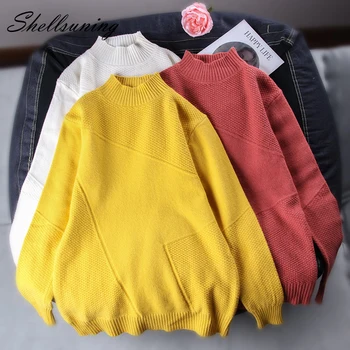 

Shellsuning Geometric Pullover Women Sweaters Winter Ins O-neck Soft Knitted Cotton Warm Loose Female Jumper Ladies Tops White