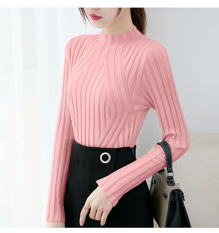 Pull Femme, новинка, пуловер с длинным рукавом, однотонный джемпер, вязаный свитер, Женский Повседневный тонкий свитер с высоким воротом, женская зимняя одежда, 6999 50