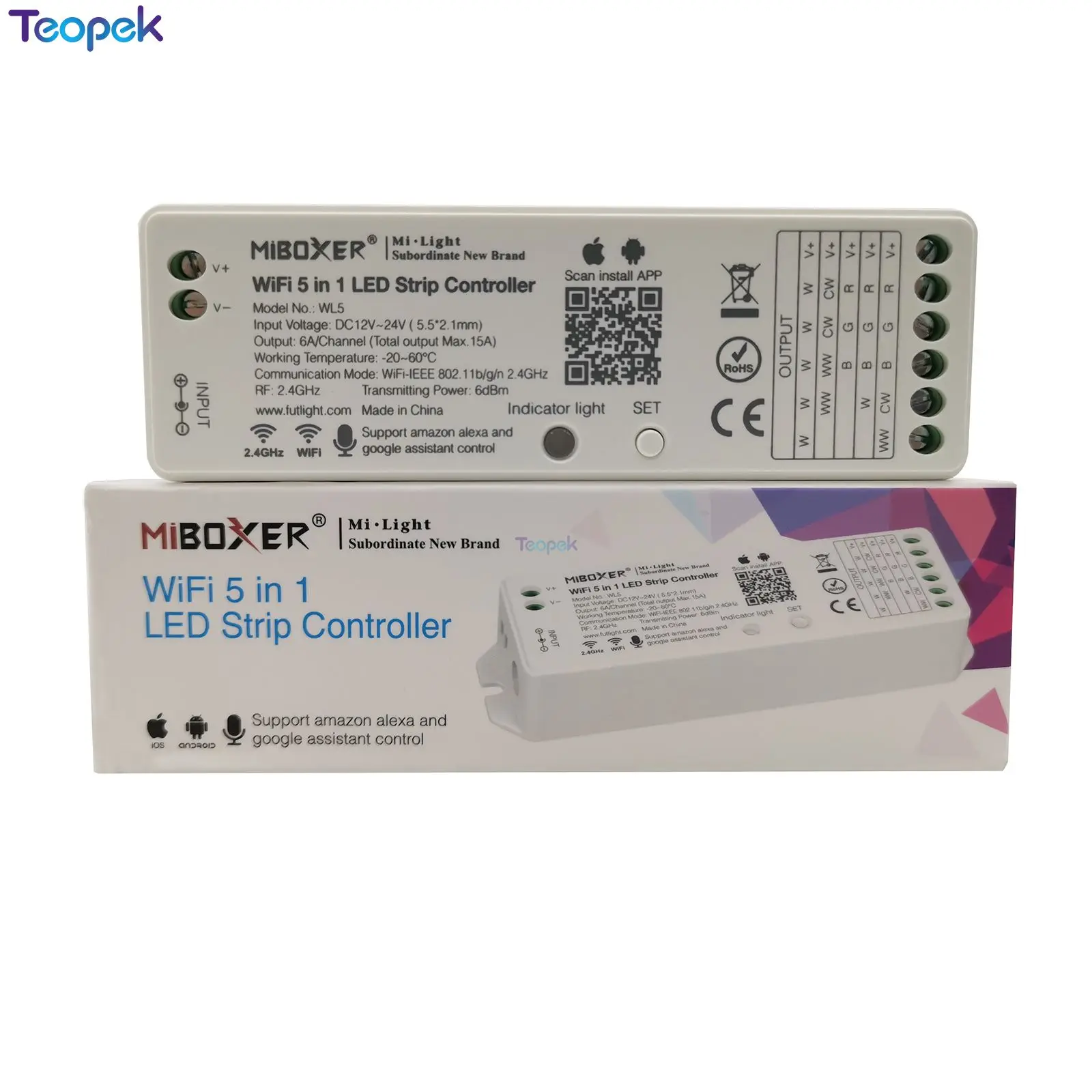 Miboxer WL5 5 в 1 WiFi светодиодный контроллер 2,4G 15A для одноцветных CCT RGB RGBW RGB+ CCT светодиодный полосы, поддержка Amazon Alexa Google