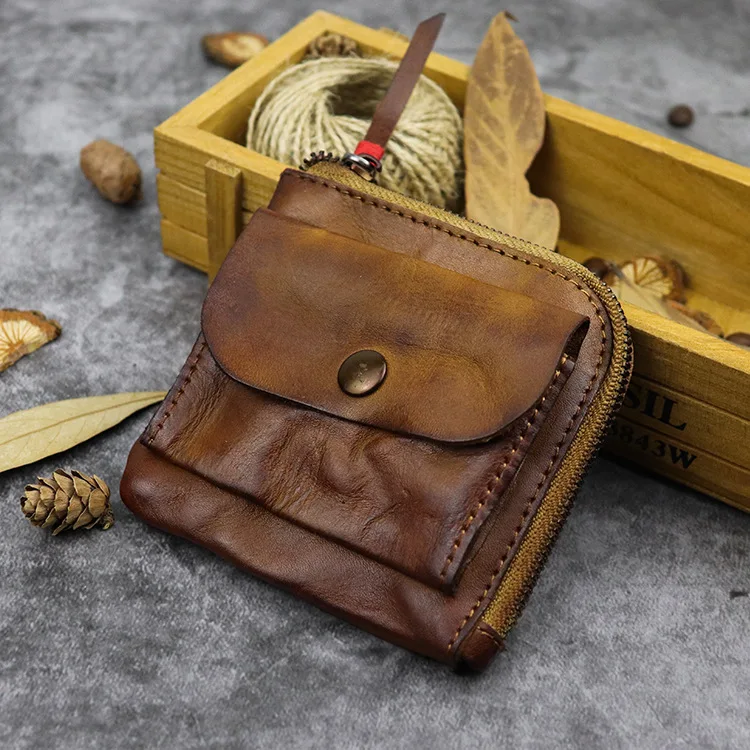 

Vintage Genuine Leather Men's Coin Purse Leather Zipper Coin Wallet Retro Key Holder Small Money Bag