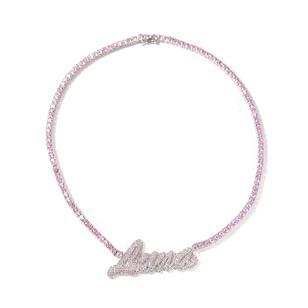TBTK Custom Name Necklace Cursive Letter Iced Out Pink Cubic Zircon With Tennis Chain Necklace Fashion Hiphop Jewelry
