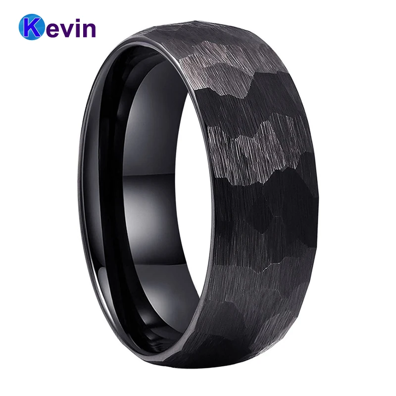 Black Hammer Ring Black Tungsten Wedding Band For Men Women Multi-Faceted Hammered Brushed
