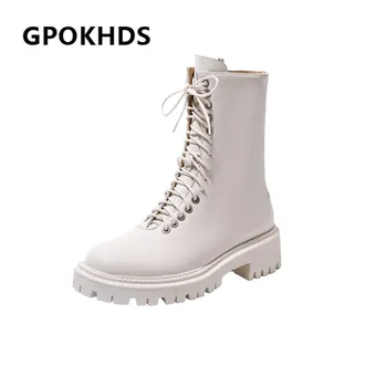 

GPOKHDS 2021 women Ankle boots Cow leather Winter short plush Round Toe Zipper Cross-tied Med heels female Riding boots size 39