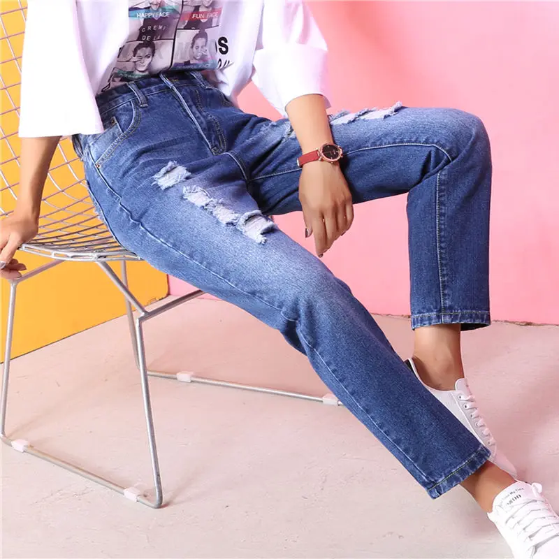 Fashion Holes High Waisted Mom Jeans Retro Solid Washed Denim Scratched Straight Plus Size Pants Women Ankle Length Trousers