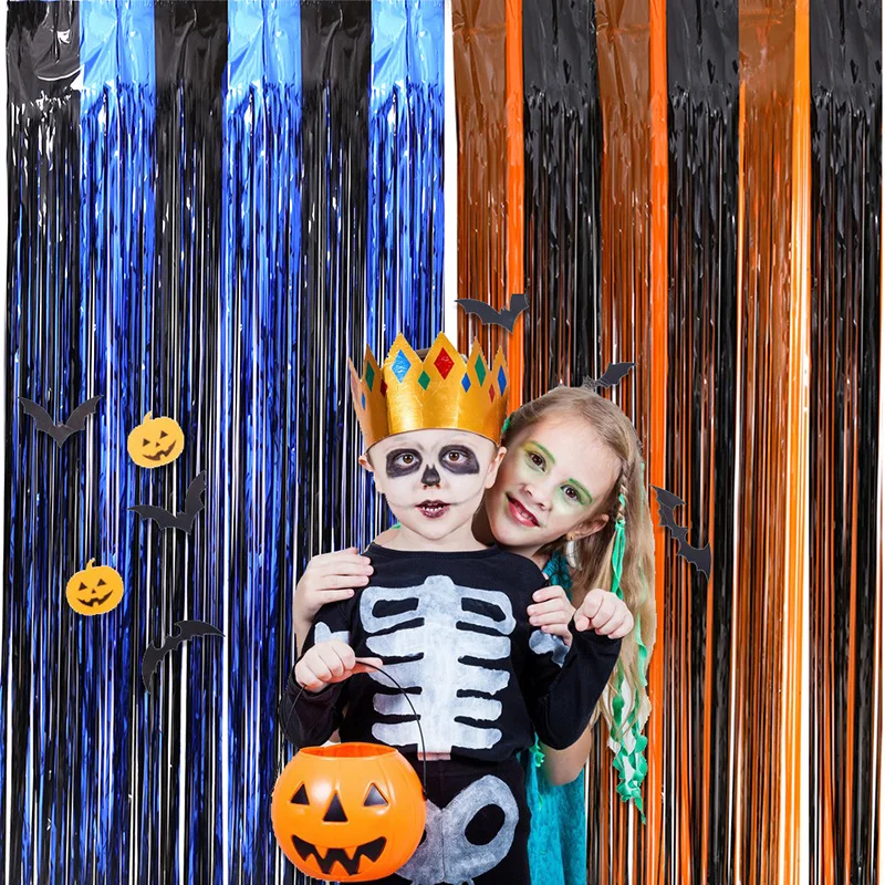 Cortinas De Flecos Para Halloween – Pack 4 Unidades, 1x2 M, Negro Y Naranja Metalizado | Decoración Festiva Para Fiestas