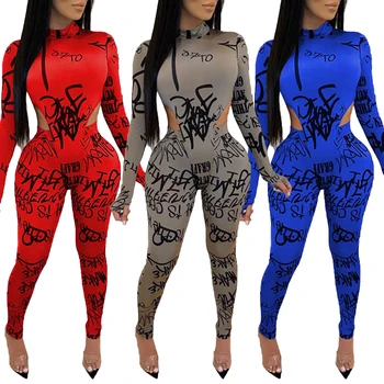 

Women's Letter Printed Suit 2020Autumn Fashion Casual Slim Long Sleeve Turtleneck Bodysuit&Pants Set For Females Sport Style
