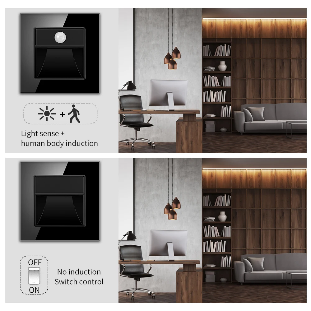 Description Picture 5 of itemUBARO Tempered Glass Panel Wall Sensor Light Balcony Corridors Stairs Human Body Induction PIR Motion Led Step Lamp Ac100-240V