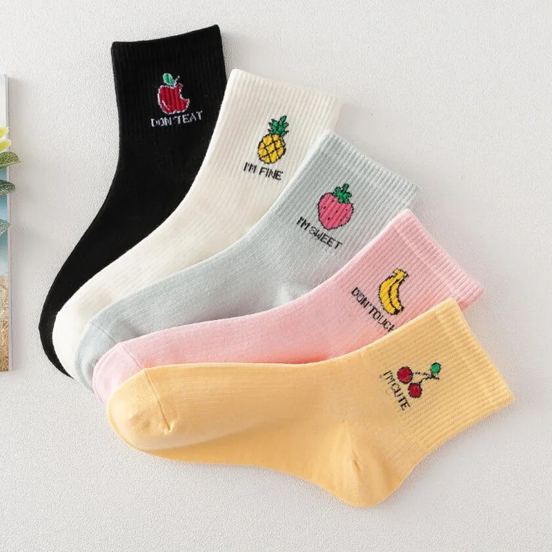 10 шт. = 5 пар, женские хлопковые носки с героями мультфильмов, забавные короткие носки с яблоком/бананом, яркие цвета, розовые носки, Прямая
