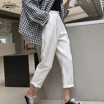

2020 Summer New Women Pants Fashion High Waist White Harem Pants Solid Casual Cotton and Linen Ladies Loose Trousers Pants 9758