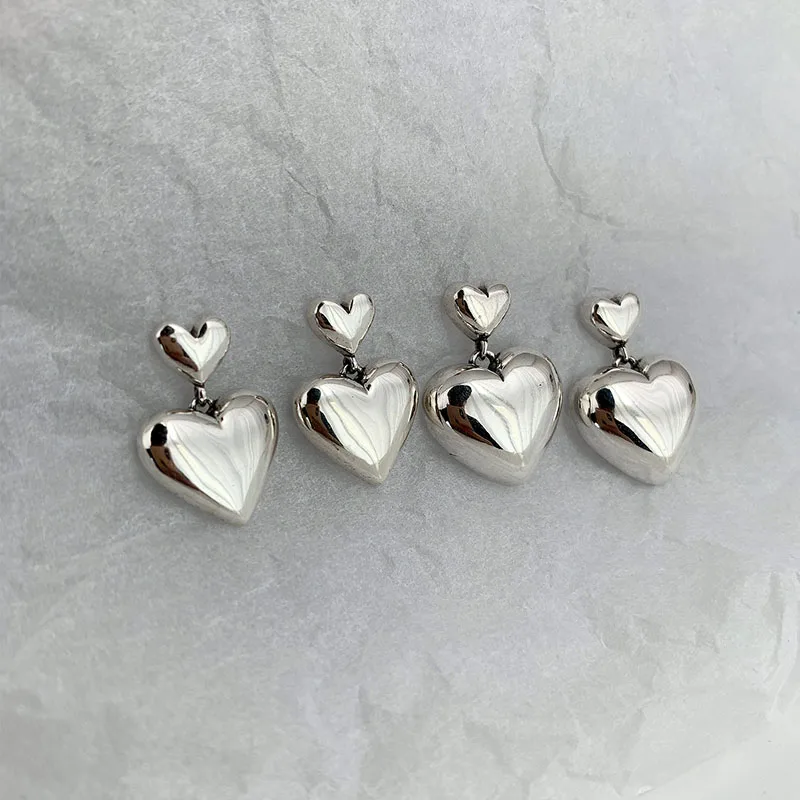FOXANRY Prevent Allergy Silver Color Stud Earrings For Women Summer Trendy Vintage Sweet LOVE Heart Pendant Party Jewelry