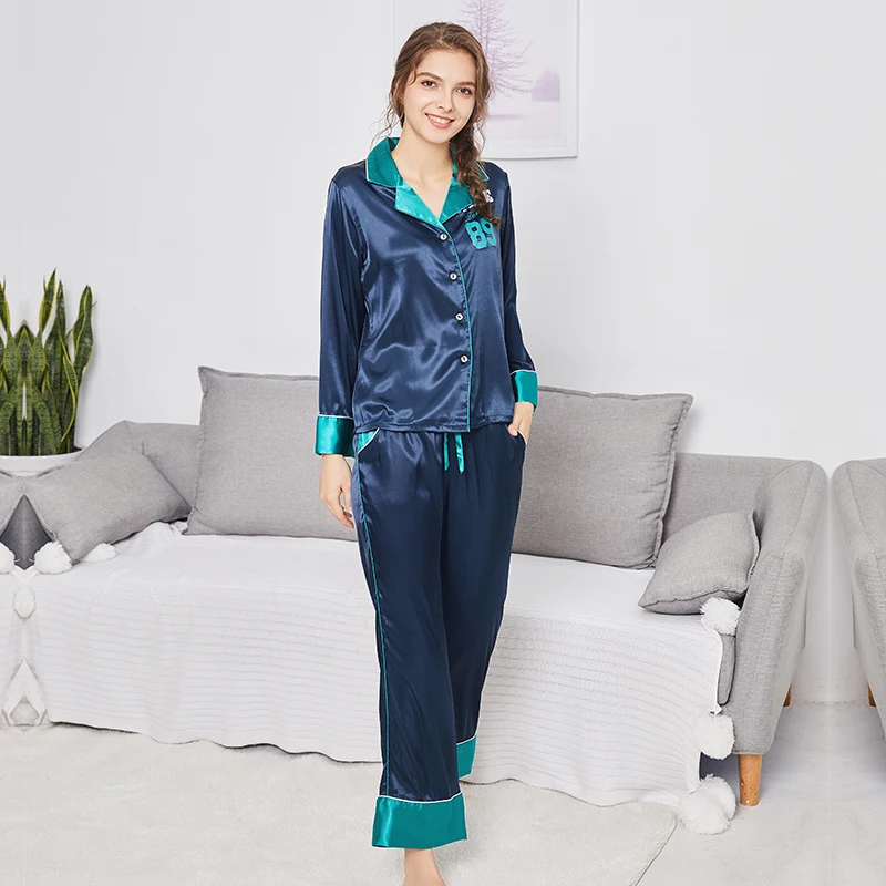 

New product simulation silks pajamas ladies autumn long-sleeved trousers home service suit sleepwearS082