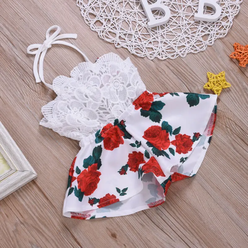 Newborn Baby Girl Clothes Sleeveless Lace Flower Print Strap Romper Jumpsuit One-Piece Outfit Summer Clothes - Image 2