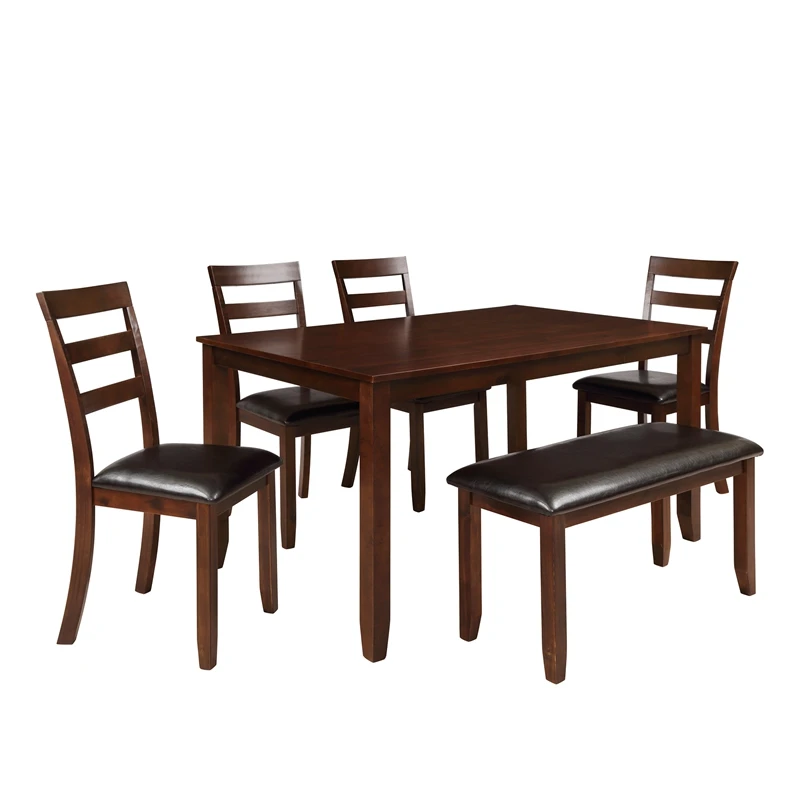 6Pcs Dining Set with 4 Ladder Chairs and Bench Kitchen Furniture