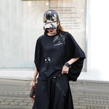 

WOMENGAGA 2020 SUMMER New Pullover T-shirt Print Patchwork Casual Personality Loose Fashion Irregular O-neck Batwing Sleeve A283