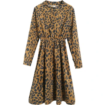 

Aulead Autumn Winter Leopard Print Dress 2018 New Fashion Long Sleeve Corduroy Lady Khaki Dress Mori Girl Vestidos Long Dress