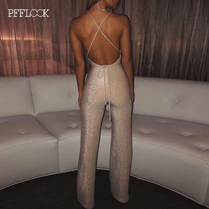 Летний женский комбинезон PFFLOOK на бретелях спагетти с открытой спиной 2019