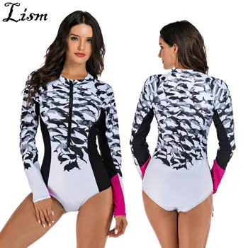 

2020 Long Sleeve Rash Guard Women Dolphin Print Swimwear Zipper One-Piece Swimsuit Bodysuit Shirts Biking Beach Wear Surf Suit