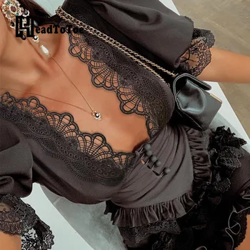 

Lace Trim Puff Sleeve Ruffles Mini Corset Dress Women Party Night Club Short Dresses