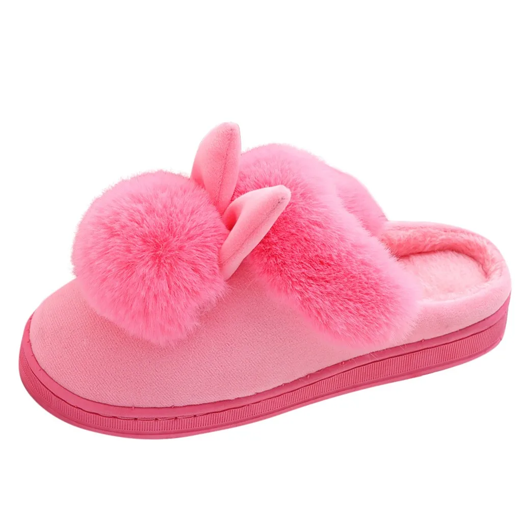 Женские нескользящие зимние домашние меховые заячьи ушки, домашние тапочки из хлопка, мягкие женские нескользящие удобные тапочки, женская обувь - Цвет: Pink -b
