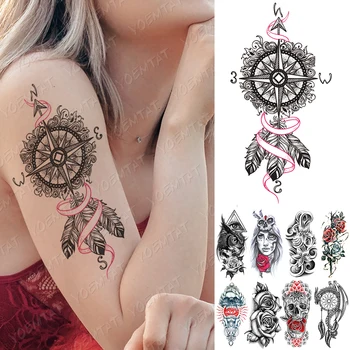 

Waterproof Temporary Tattoo Sticker Feather Compass Owl Tattoos Eyes Skull Dragon Body Art Arm Fake Sleeve Tatoo Women Men