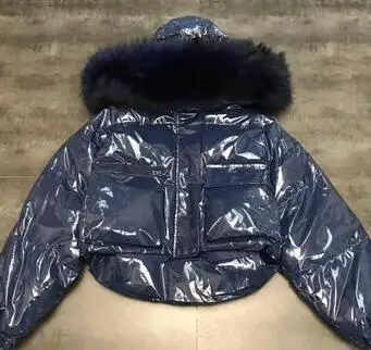Sky Blue Новинка зимы, имитация большого меха скорпиона, воротник из лисьего меха, с капюшоном, лакированная кожа, хлопковая куртка, хлопок - Цвет: Sky Blue