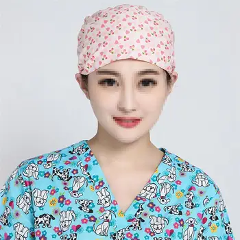

Pink Heart and Flower Printing Hat Adjustable Lace-up Cap Doctor Nurse Cap Sweat Absorbing Cotton Working Hat Head Protector