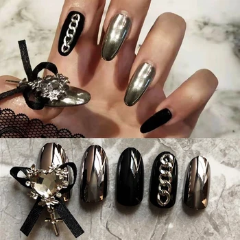 

24pcs Punk Style Ladies Full False Nail Tips with 3D Butterfly Bow Smoky Gray Metal Glitter Fake Nails