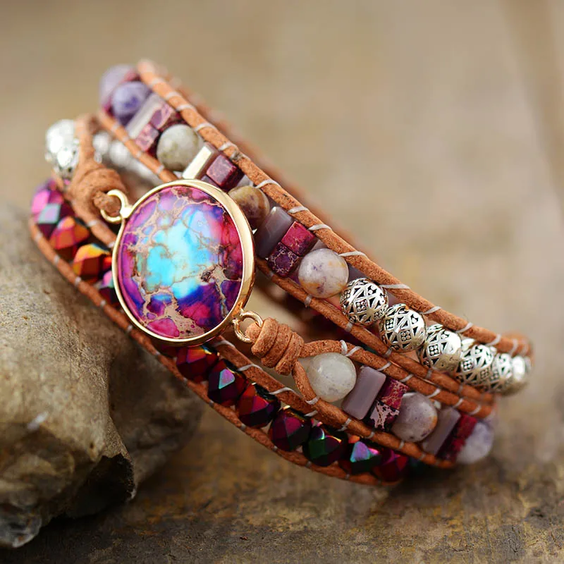 Long Tiantian Multi Strands Wrap Bangle With Pearl Leather Cuff