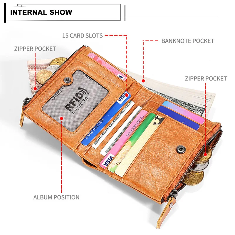Мужской кошелек из натуральной кожи RFID, много карт, кредитный держатель для карт, Ретро стиль, короткий клатч, мужской кошелек с двойной молнией
