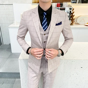 

(Jacket+Pant+Vest) British Style Men Plaid Suit Fashion 2020 Groon Wedding Suits For Men Slim Fit Formal Wear Business Tuxedo