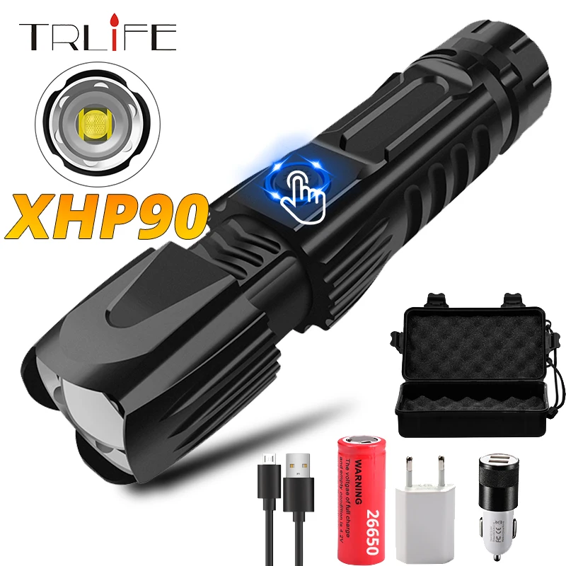 Супер мощный перезаряжаемый светодиодный фонарь XHP90 XHP70.2, тактический фонарь, водонепроницаемый, с увеличением на 26650 батарею, с умным управлением чипом