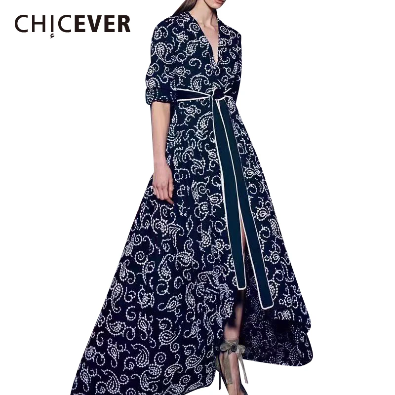 

CHICEVER Elegant Embroidery Floral Bowknot Dress For Women V Neck High Waist Lace Up Maxi Dresses Female 2019 Autumn Fashion New