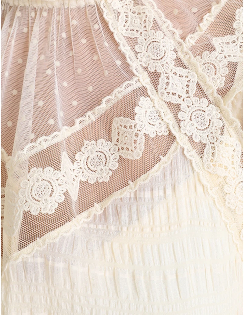 [MENKAY]Hige Neck Lace Pleated Fairy Dress Women Solid Color Sweet Party Solid High Waist Midi Dress