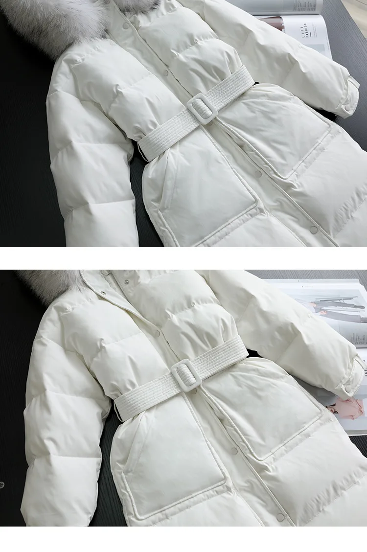 Новинка зимы высокого качества в Корейском стиле Для женщин, детский удлиненный пуховик Длинная Куртка с секциями, подчеркивающие фигуру, с завышенной талией, тонкий пояс большое пальто с мехом Куртка с воротником