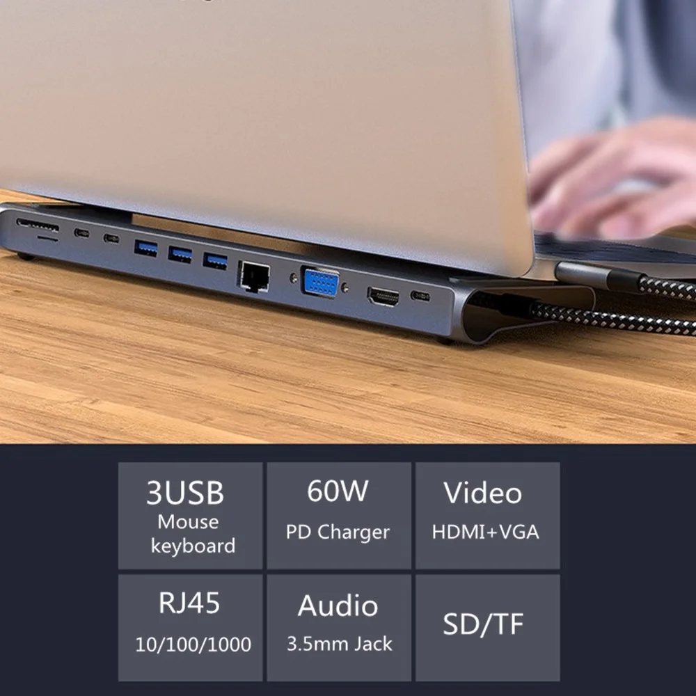 S SKYEE 12-en-1 USB tipo C a HDMI RJ45 de USB3.0 de adaptador para MacBook Pro aire muelle 3 puerto