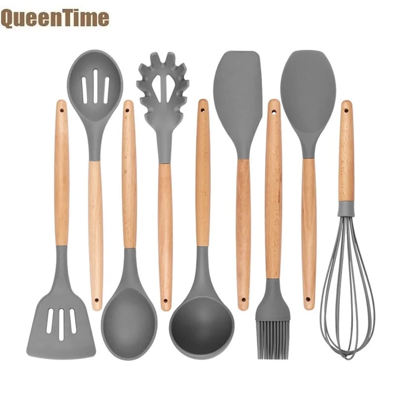  QueenTime 9Pcs/Set Silicone Kitchen Utensils Spatula Long Spoons Soup Ladle Slotted Turner Heat Res