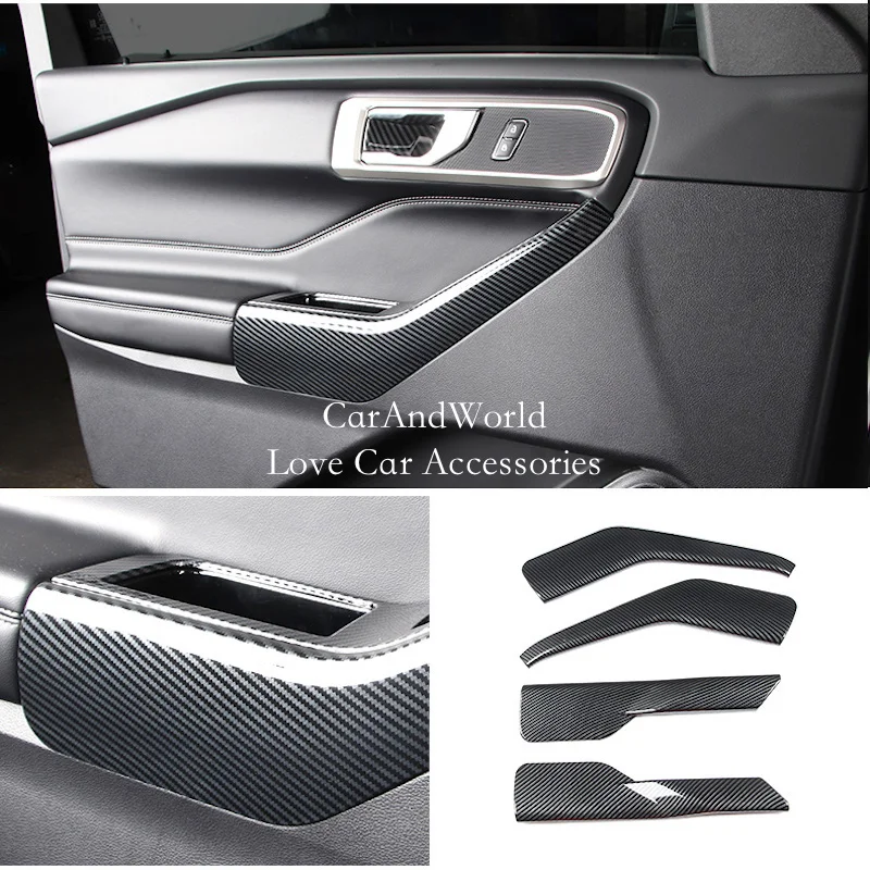 SUNJIKA Compatible with Carbon Fiber Car Interior Door Handle Swithc Panel Decoration Frame Cover Sticker Accessories for Ford Explorer 2013 2014 2015 2016 2017 2018 4PCS Black 