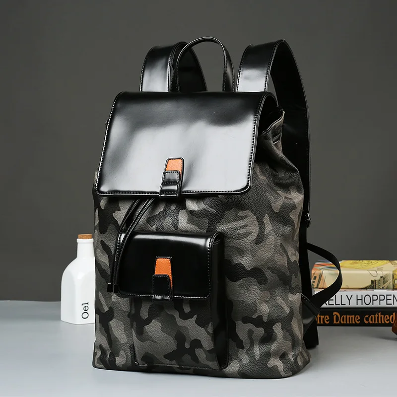 

High quality camouflage double shoulder bag male Korean version leather tide flip belt double shoulder bag student schoolbag