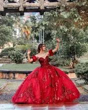 

Gorgeous Red Sequins Quinceanera Dresses Ball Gown with Short Detachable Sleeve for Sweet 15 Year Pageant Party Vestidos