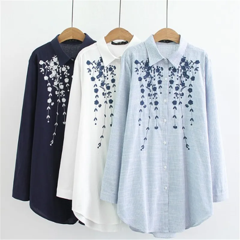 HXYZ новая весенняя белая рубашка Blusas 2019 Большие размеры женские длинные рукава дерево вышивка свободные длинные хлопковые рубашки блузки
