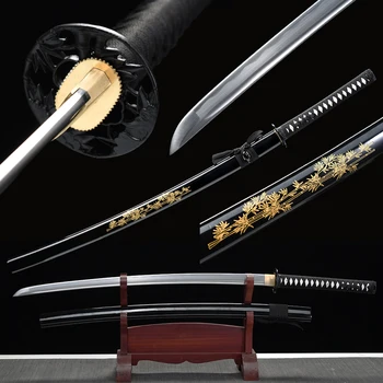 

Decorative swords-Handforged Japanese Sword Real Katana Full Tang Sharp Blade-Display Stand For free Shipping-Gold Bamboo Sheath