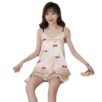 

Print Pyjamas with Chest Pad Summer Sleepwear Set New Thin Silk Sling Shorts Dee Sexy Pajama Set Sling Women's Home Cloth