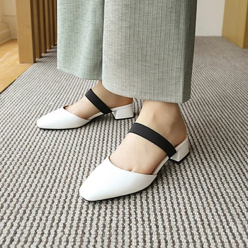 

Simple style square toe summer mules slippers fashion mixed color paint black white beige medium with thick heel women's shoes
