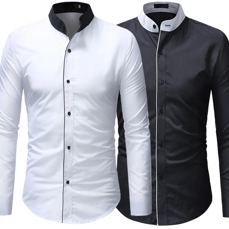 mens short sleeve shirts clearance Men Shirts Henry Collar Slim Fit Tops Casual Long Sleeve Stand Collar Business Shirts Wedding Party Shirt Male Clothing 2021 men's short sleeve button down shirts