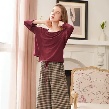 

Autumn Women's Cotton Pajamas Suit Long-sleeve Round Neck Irregular Pyjamas Casual Plaid Printed Cotton Loose Home Nightwear