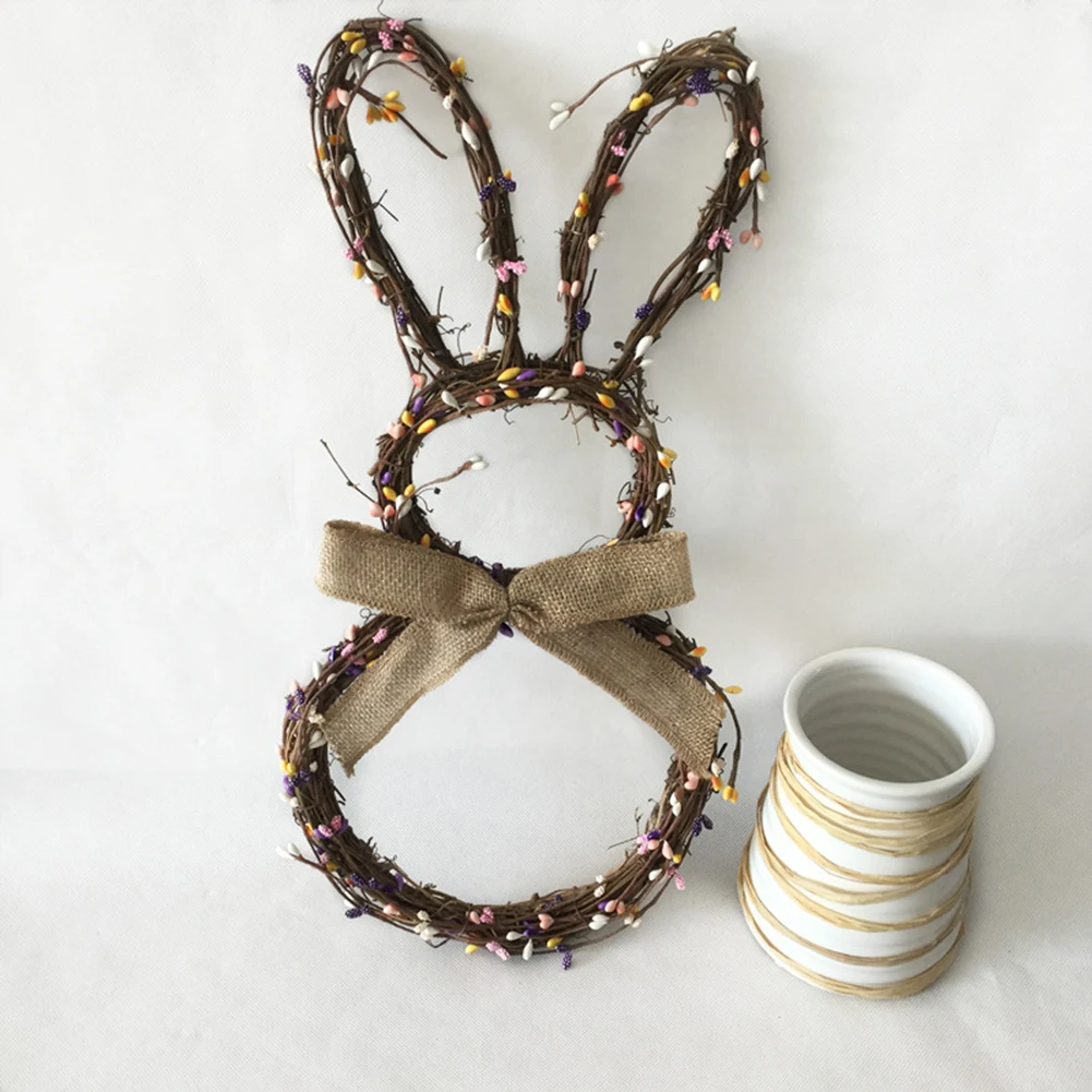 

Handmade Rattan Bunny Rabbit Garland Wreath Pendant Christmas Easter Door Hanging Garland Holiday Home Decorations
