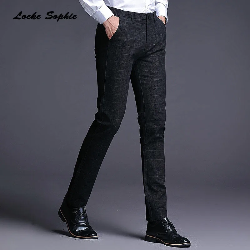 High waist Men's Plus size Pencil pants trousers Autumn New Fashion cotton plaid suit pants men Skinny business trousers