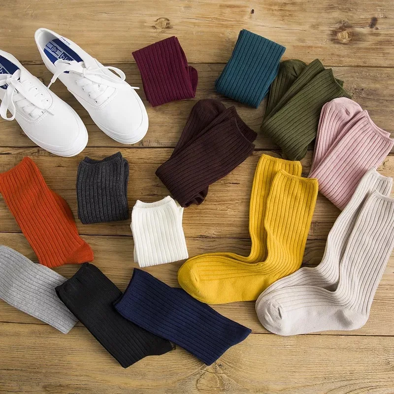 20pairs/set Winter Nladies Socks Solid Color Vertical Ladies Socks Cotton Socks Factory Wholesale Calcetines Invierno Girl