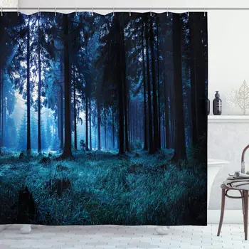 

Black Green Forest Shower Curtain Night Scene Autumn Forest Thuringia Germany Foggy Pine Trees Greenery Bathroom Curtain