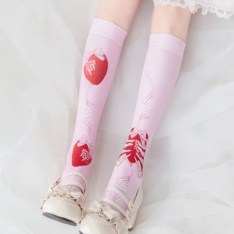 Милые носки выше колена в стиле &quotЛолита&quot с принтом виде клубники и сердца
